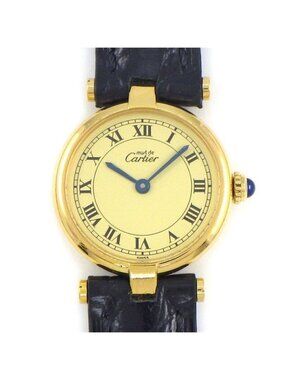 Cartier Watch Must Vendome Vermeil Ivory Dial Black Leather Quartz Analog